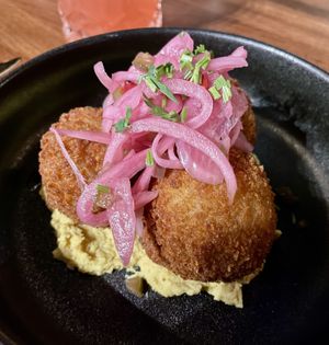 Papas huincaína   at Marian Cocktails and Kitchen in Raleigh