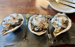 King and blue oyster mushroom Rockefeller.  at Marian Cocktails and Kitchen in Raleigh