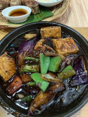 Peppery aubergine and tofu (has another name!) very spicy for me!! at Loving Hut in Central Singapore