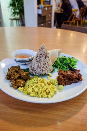 Banana leaf nasi campur at Loving Hut in Central Singapore