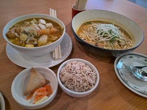Left: Tomyam ocean hotpot set, right: Nyonya Laksa Lemak at Loving Hut in Central Singapore
