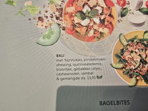 Vegan labelled on menu with 2 leaves at Bagels & Beans - Twijnstraat in Utrecht