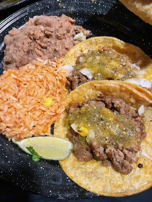 Asada taco dinner- 3 tacos, beans and rice  at Penelope's Vegan Taqueria - Pilsen in Chicago