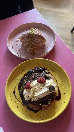 Pistachio croissant and Pancakes   at Balans Brunch Bar in Bratislava