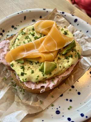 pink sandwich with avo and salmon  at Balans Brunch Bar in Bratislava