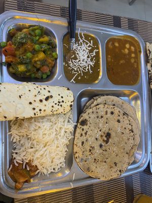 Classic thali (ask for no paneer and plain rotis instead of butter rotis)  at Gulshan Restaurant in Agra