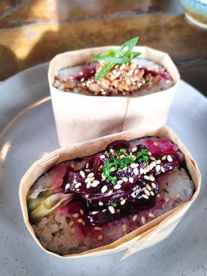 Vegan Carrot and Beetroot 
Onigirazu at Kaede in Abbotsford