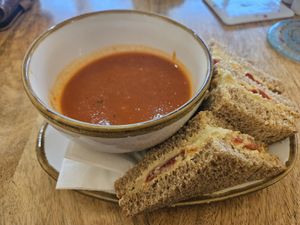 Red pepper and tomato soup with Houmous and red pepper sandwich at Stained Glass Centre  in Scarborough