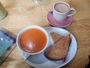 Red pepper and tomato soup and a vegan cheese toastie at Stained Glass Centre  in Scarborough