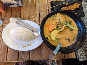 Satay soy chicken, Thai red curry and jasmine rice   at Peace Harmony in Sydney