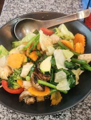 Pepper stir fry with soy chicken and tofu at Peace Harmony in Sydney