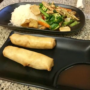Spring Rolls and Chilli and Basil stir-fry. Delicious.  at Peace Harmony in Sydney