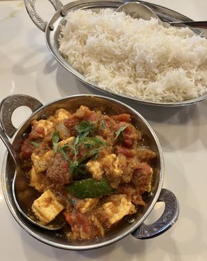Kadai Tofu Entrée (tofu with a special spice blend, onions, tomatoes, bell peppers). at Saffron Indian Grill & Bar in Eagan