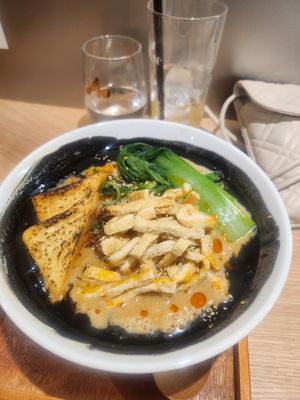 Spicy vegan ramen with extra fried tofu at MOON and BACK in Osaka