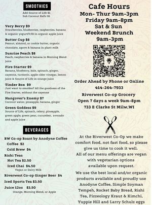 Beverage menu at Riverwest Co-op Cafe in Milwaukee