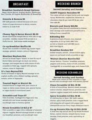 Breakfast and brunch menu at Riverwest Co-op Cafe in Milwaukee