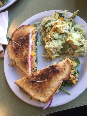 Mock tuna melt and a deli side of some kind of green curry noodle at Riverwest Co-op Cafe in Milwaukee