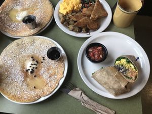 Breakfast burrito, pancakes, & breakfast scramble with eggs at Riverwest Co-op Cafe in Milwaukee