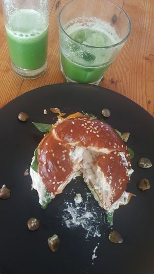 A DELICIOUS (gluten free!) bagel with some green juice. Love  at Plant in Cape Town