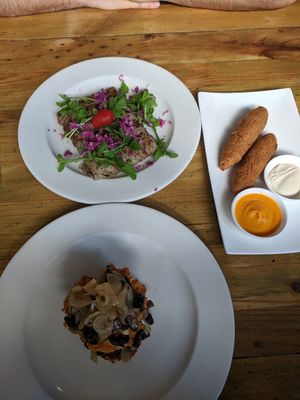 Mushroom crepe and mushroom onion rosti with cheese stick at Plant in Cape Town