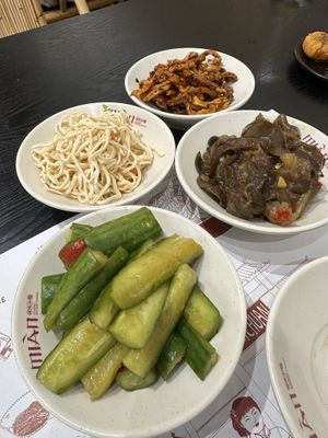 Tofu skin, wood ear mushroom, cucumber salad, cold radish  at Mian Sichuan in Santa Clara