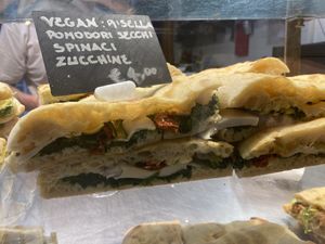 Vegan roast vegetable focaccia with vegan cheese  at Pizzeria L'Angelo in Venice