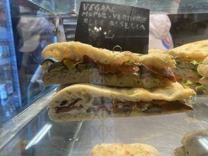 Vegan prosciutto, blue cheese and roast veg focaccia   at Pizzeria L'Angelo in Venice