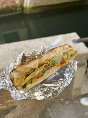 sandwich with lupini bean omelette, vegetables, and vegan blue cheese  at Pizzeria L'Angelo in Venice