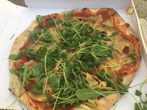 Pizza with vegan cheese, fake ham & rocket  at Pizzeria L'Angelo in Venice