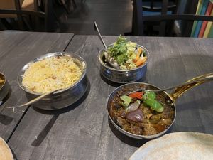 From left to right: Rice, Harabhara Salad, Baingan Mirch Ka Salad (eggplant stuff).  at Indian Village in Gothenburg