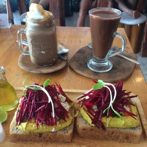 Choco-banana-espresso freak shake, hot choc and hummus toast  at Eat.Co Brunchrie in Koh Phangan