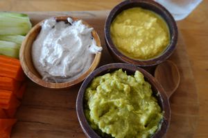 Guac, hummus and cheese dips with bread, cucumbersticks and carrotsticks. at Eat.Co Brunchrie in Koh Phangan