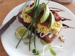 Tofu no egg mayo toast with omnipork sausage and avocado at Eat.Co Brunchrie in Koh Phangan