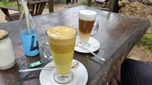 Turmeric Latte with almond milk and another latte with oat milk from the shop nearby. The share the same garden. at Jammwich  in Wilderness
