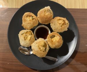 Vegan Pani Puri Shot (pani is in mini glasses below the puri)  at Masala Bites in Tokyo