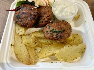 Vegan meatball dish   at Yiayias Little Kitchen @ Raigmore Motel in Inverness