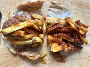 Special- vegan meatballs in pitta with fries   at Yiayias Little Kitchen @ Raigmore Motel in Inverness