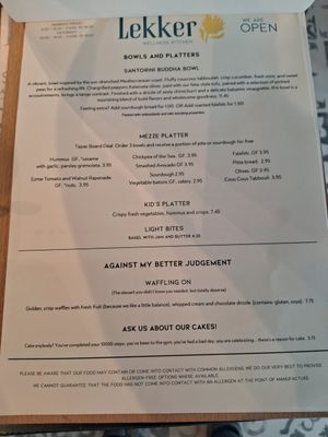 Menu April 2026 at Lekker Kitchen in Royal Wootton Bassett
