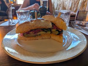 Vegan roast veg focaccia at Cosy Club in Sheffield