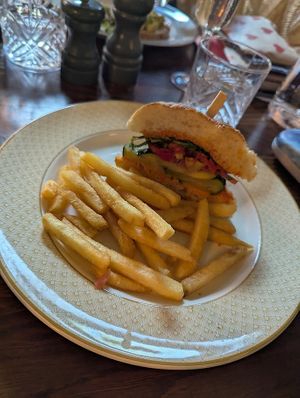 Vegan roast veg focaccia & fries at Cosy Club in Sheffield