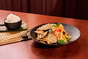Ginger Fried Fish with Fresh Mango Salad, side of Jasmine Rice at Chay Concept in Bellevue