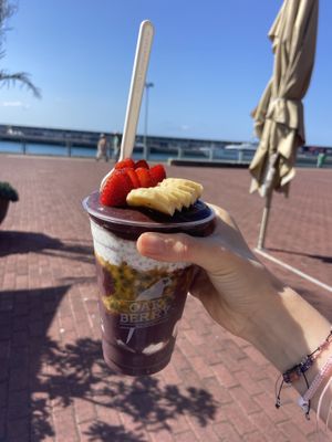 Acai with granola, chia pudding, coconut flakes, passion fruit, banana and strawberry   at Oakberry in Funchal