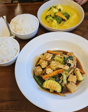 Yellow curry and chilli basil stri fry at Buddha Thai in Launceston