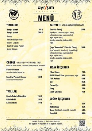 Menu, English at Ayrışım Kitabevi Kafe in Istanbul