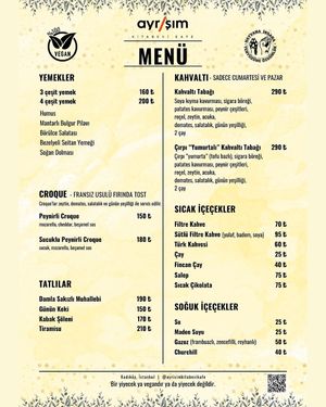 Menü at Ayrışım Kitabevi Kafe in Istanbul