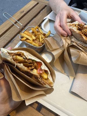 The inside of the French tacos. Includes  mock meat, fries, sauce and more, making a very good combination of tastes and textures.  at KVB in Montpellier