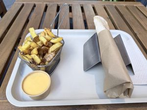 Kebab wrap and fries with cheddar sauce. Next time I’d try a different sauce  at KVB in Montpellier