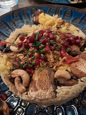 Vegan version of upside down kofta with mushrooms, cauliflower and eggplant at Tawook Lab in Helsinki