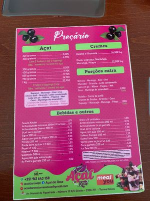 Menu  at Açaí da Rose in Torres Novas