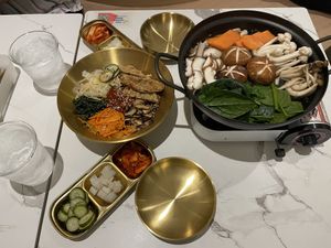 Eggplant Bibimbap and Mushroom Hot Pot  at Two Cranes in Central Singapore